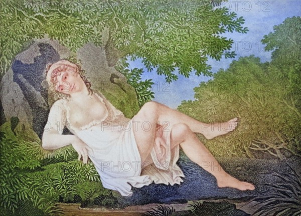 Woman after Bathing, anonymous copperplate engraving c. 1845, Historic, digitally restored reproduction of a 19th century original, exact original date unknown