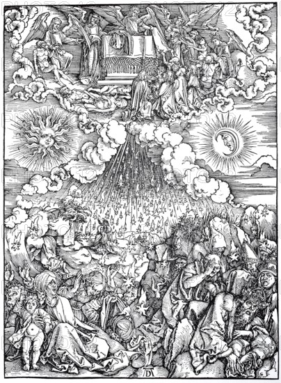 Picture cycle The Apocalypse, the opening of the fifth and sixth seals, the distribution of the white mantle to the martyrs and the fall of the stars, woodcut by Albrecht Dürer, historical, digital improved reproduction of an old woodcut