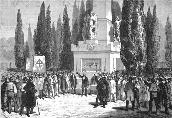 Democratic meeting in Madrid's May 2nd Square, commemorating the May 2nd Uprising, levantamiento del dos de mayo, the violent events of May 2nd 1808 in Madrid that sprang from the Spanish people's resistance to the uncertain political conditions following the Aranjuez Mutiny, 1869, Spain, Historical, digitally restored reproduction of an original 19th century artwork, exact original date unknown, Europe