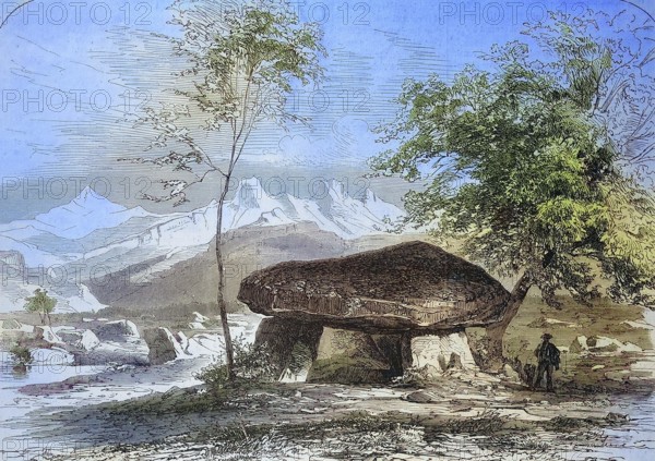 Megalithic site, Pierre-aux-Fées dolmen near Reignier, 1869, in the department of Haute-Savoie in the Auvergne-Rhône-Alpes region, France, Historic, digitally restored reproduction of a 19th century original, Europe