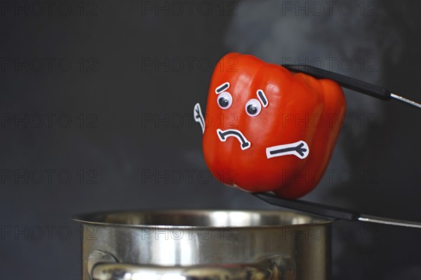 Red Paprika bell pepper with sad face and goggle eyes being put into a steaming cooking pot on dark black background, concept for vegetables losing vitamins when cooked