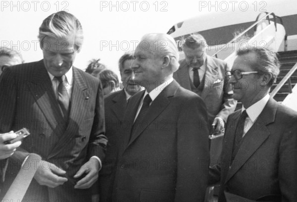 The Krupp concern used the visit of the important GDR politician, Guenter Mittag, to Bonn for talks in the Villa Huegel with Berthold Beitz on 17 April 1980 in Essen.Walter Leisler-Kiep (CDU) receives Guenter Mittag (SED) 9in Cologne-Bonn Airport, Germany, Europe