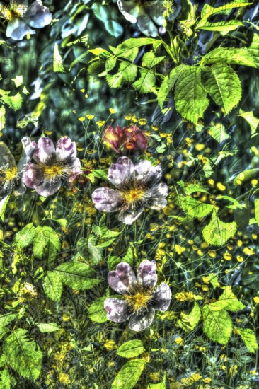 Dog rose (Rosa canina), dog rose, dog rose, heather rose, hagrose, oil painting-like photograph, diverse, pink flowers creative, different plants mixed, artistic photograph, flowers alienated, plants, impressionistic art style, lively spring atmosphere, allover, alienation, dense flower field, dark colours, green leaves, garden, flower bed, plants, Germany, Europe