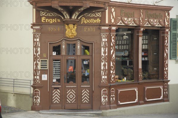 Entrance and door to the half-timbered house Engel Apotheke, ornamentation, brown, Old Town, Bad Homburg, Taunus, Hesse, Germany, Europe