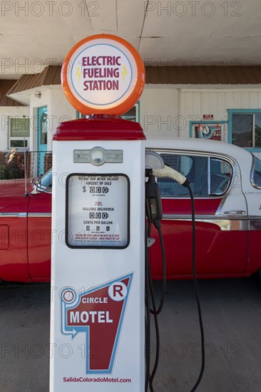 Salida, Colorado, An electric car charging station., made from gasoline pumps, at the Circle R Motel