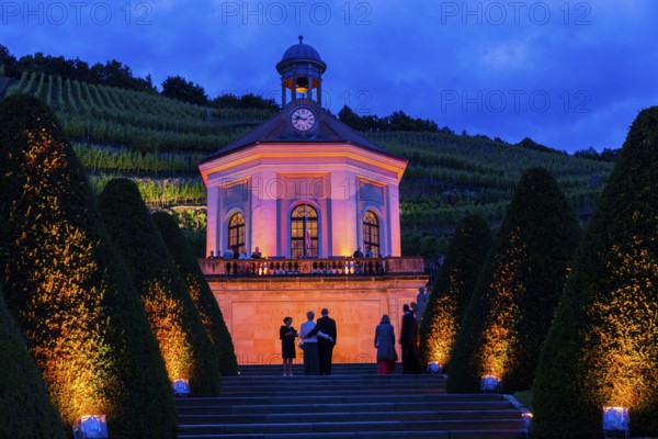 Illumination for the Summer Night Ball at Wackerbarth Castle. Wackerbarth Castle or Wackerbarths Ruh is a baroque castle surrounded by vineyards in the Niederlößnitz district of Radebeul on the road to Meissen, which serves as the seat of the Saxon State Winery. The winery belongs to the Lößnitz vineyard and is located in the Radebeuler Johannisberg vineyard