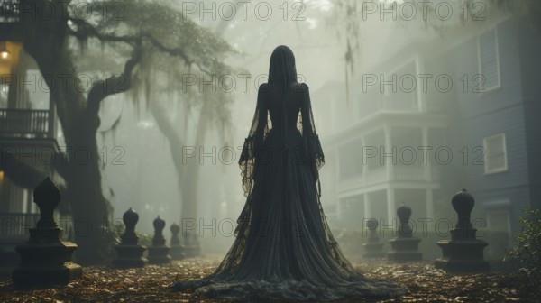 Eerie haunting ghostly female figure walking in front of a foggy southern plantation antebellum mansion on halloween night, generative AI