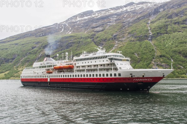 Passenger ship MS Finnmarken in the harbour of Geiranger, Geiranger, Møre og Romsdal, Western Norway, Norway, Europe