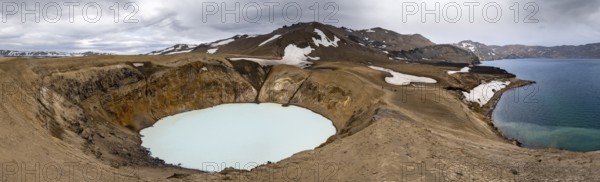 Crater lake Víti and Öskjuvatn in the crater of the Askja volcano, volcanic landscape, Dyngjufjöll mountain massif, Icelandic highlands, Vatnajökull National Park, Iceland, Europe