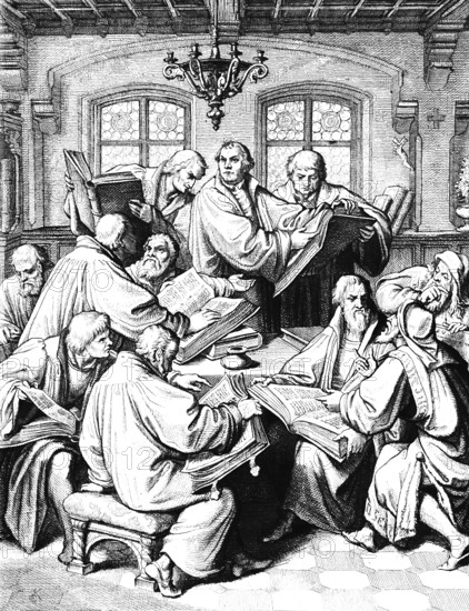 Martin Luther, Bible translation, languages, Latin, German, Ancient Hebrew, Ancient Greek, Aramaic, Protentatism, group, interior, table, work, window, chandelier, religion, Christianity, 16th century, historical illustration around 1860