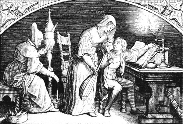 Martin Luther in the house of his future foster mother Frau Gotta, Germany, room, desk, lute, candle, book, chair, spindle, spinning, 15th century, historical illustration c. 1860, Europe