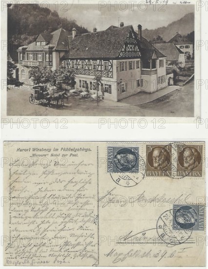 Both sides of a picture postcard from 1919, Hotel Zur Post in Wirsberg, today 2-star restaurant of Alexander Herrmann, district of Kulmbach, Upper Franconia, Bavaria, Germany, Historic, digitally restored reproduction from an original of that time, Europe