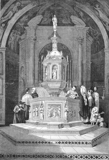 Baptism in the Baptistery of San Giovanni in Siena, 1869, Tuscany, Italy, Historic, digitally restored reproduction of a 19th century original, exact original date unknown, Europe