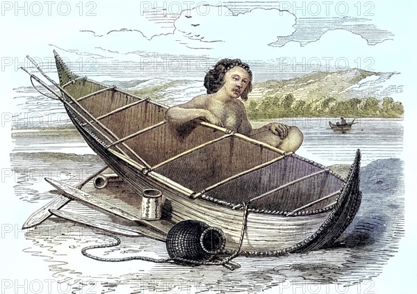 Woman with a Canoe on Tierra del Fuego, 1868, Patagonia, Historic, digitally restored reproduction of an original 19th century painting, exact original date unknown