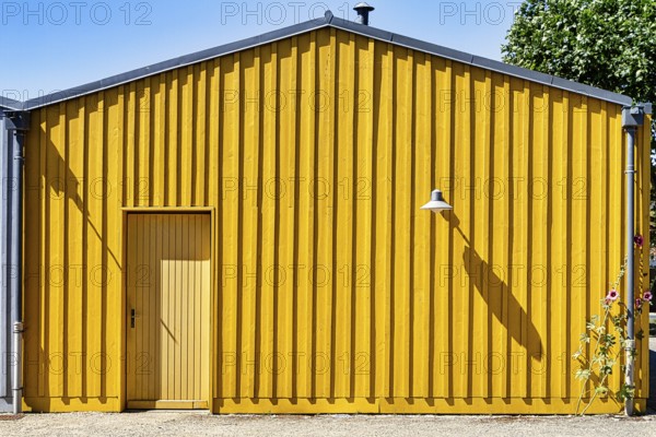 Wooden façade of a yellow beach hut with door and lamp, Île d'Oléron, Oleron Island, Charente Maritime, Poitou-Charentes, France, Europe