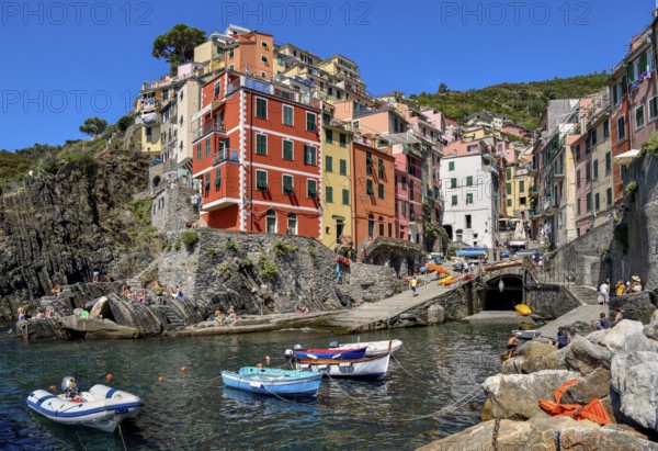 Fishing boats in the harbour of Riomaggiore, village view, Cinque Terre, province of La Spezia, Liguria, Italy, Europe