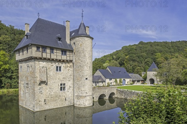 13th century Château des Carondelet, medieval moated donjon in the village Crupet, Assesse, province of Namur, Belgian Ardennes, Wallonia, Belgium, Europe