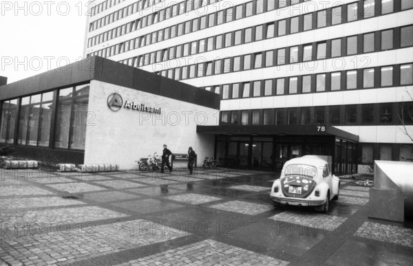 There was a big crowd of unemployed people at the job centre in Dortmund on 23 January 1980. Labour office from outside, Germany, Europe