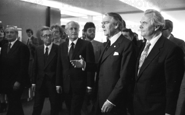 The Krupp Group used the visit of the important GDR politician, Guenter Mittag, to Bonn for talks in the Villa Huegel with Berthold Beitz in Essen on 17 April 1980. Ewald Moldt, Berthold Beitz, Guenter Mittag from right, Germany, Europe