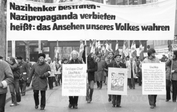 Organisations of French Jews and German Nazi victims demonstrated for a condemnation of Gestapo and SS man Kurt Lischka, who was responsible for the deportation of 76, 000 Jews in France during the war, in Cologne, Germany, 31 January 1980, Europe