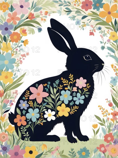 Abstract illustration of a bunny silhouette filled with a collage of spring flowers and vivid pastel colors, set against a soft background, AI generated