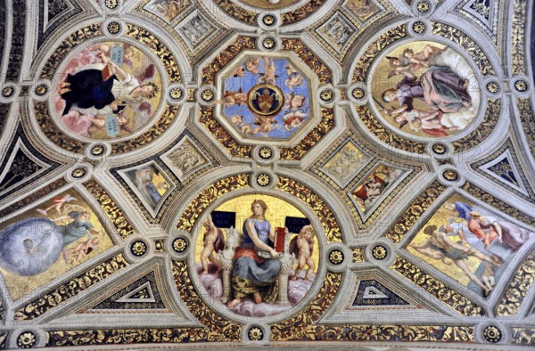 Vatican Museums, Vatican City, Vatican, Rome, Lazio, Italy, Geometric frescoes on a ceiling with richly decorated patterns and figures, Rome, Lazio, Italy, Europe