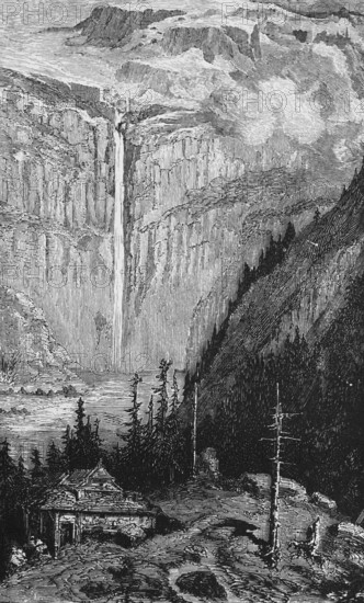 Cirque de Gavarnie with waterfall in the Pyrenees, glacier, fir trees, wooden house, geography, geological history, France, historical illustration 1888, Europe