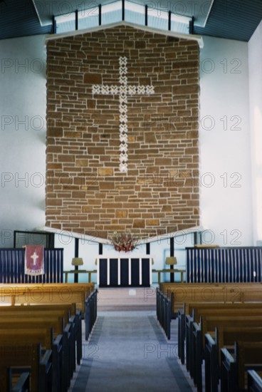 Interior view of the John Flynn Memorial Church, Alice Springs, Northern Territory, Australia 1956, the year of completion