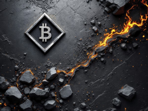 A stylized representation of cryptocurrency, showing its symbol etched into a dark, metallic surface, with glowing lava fissures suggesting volatility and risk, AI generated