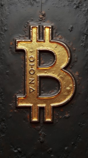 The image shows a three-dimensional gold Bitcoin symbol set against a dark, rough metallic background. The symbol is detailed and appears to be inlaid or embossed into the surface, creating a strong, AI generated