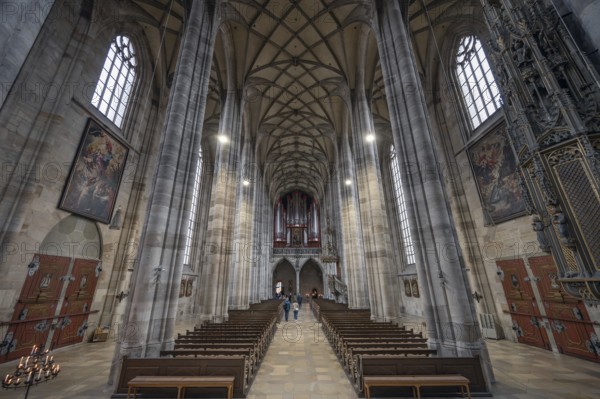 Interior with net vaulting and organ loft, organ built in 1997, late Gothic hall church of St George, Dinkelsbühl, Bavaria, Germany, Europe