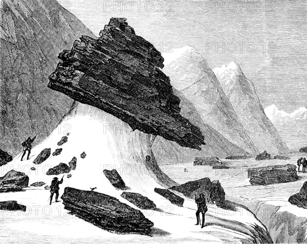 Erratic granite block on the Aar glacier in the valley near Gittannen, erratic boulder or foreign object, geology, Alps, high mountains, rock, hiker, Canton of Bern, Switzerland, historical illustration 1880, Europe