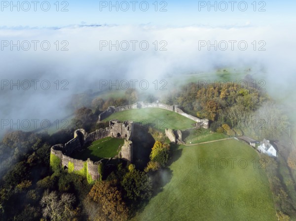 White Castle in the fog at dawn, Monmouthshire, Wales, England, United Kingdom, Europe