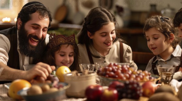 Happy jewish family with children celebrating rosh ha shana, Jewish new year., AI generated