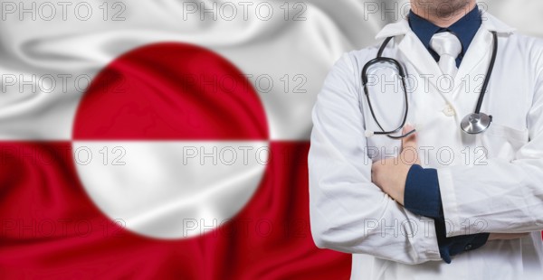 Male doctor with stethoscope on Greenland flag. Doctor holding stethoscope on Greenland flag