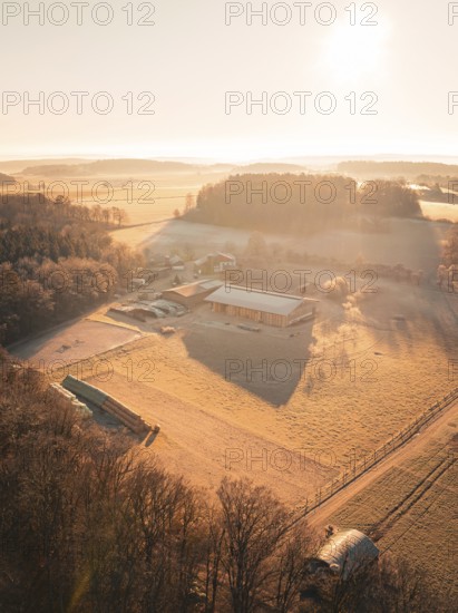 View of a farm and wide fields in the golden light of the early morning, Gechingen district of Calw, Black Forest, Germany, Europe