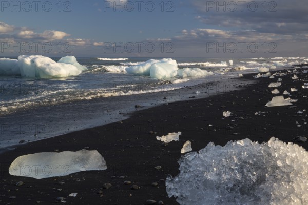 Little icebergs and crushed ice on the black beach at Joekulsarlon glacial lake