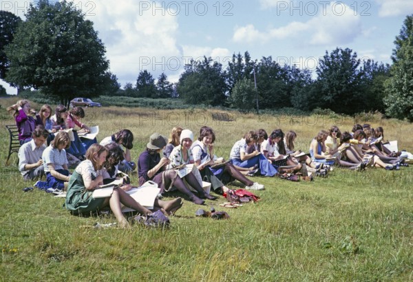 Secondary school girls doing fieldwork in geography, Great Britain 1970s Girls doing fieldwork, making observational sketches and notes 1975