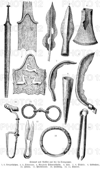 Iron Age jewellery and weapons from the La Tène site, Epagnier, Lake Neuchâtel, spearhead, sword, sickle, auger, horse harness, neck ring, scissors, history of mankind, Switzerland, historical illustration 1880, Europe