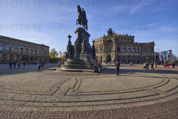 Equestrian statue of King John, Semper Opera House, Semper Gallery, architect Gottfried Semper, neo-Renaissance architectural style, opera house, art gallery, Dresden State Opera, people as accessories, Theatre Square, Dresden, state capital, independent city, Saxony, Germany, Europe