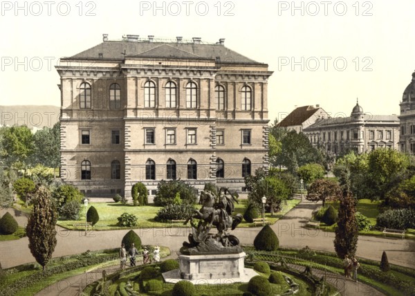 Agram, now Zagreb, Academy Palace, with St. George Monument, by Fernkorn, Croatia, Austro-Hungary, digitally restored reproduction from a 19th century original, record date not stated, now Zagreb, Academy Palace, with St. George Monument, by Fernkorn, Croatia, Austro-Hungary, digitally restored reproduction from a 19th century original, record date not stated, Europe