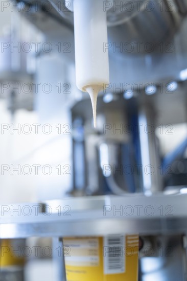 Close-up of a yoghurt filling process in a production plant, ice cream production Haselstaller Hof, district of Calw, Black Forest, Germany, Europe