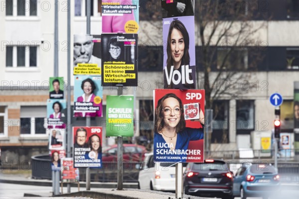 Election posters for the Bundestag election 2025, BTW25. Election advertising of various parties on a street in Stuttgart, Baden-Württemberg, Germany, Europe