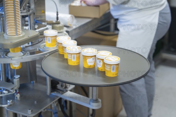 Yellow ice cream tubs on a turntable ready for packaging, ice cream production Haselstaller Hof, Calw district, Black Forest, Germany, Europe