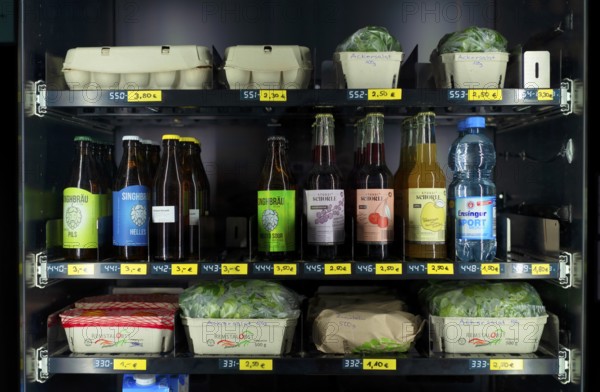 Regional food, eggs, salad, fruit, vegetables, drinks, Singhbräu, vending machine, farm shop, Fellbach, Baden-Württemberg, Germany, Europe