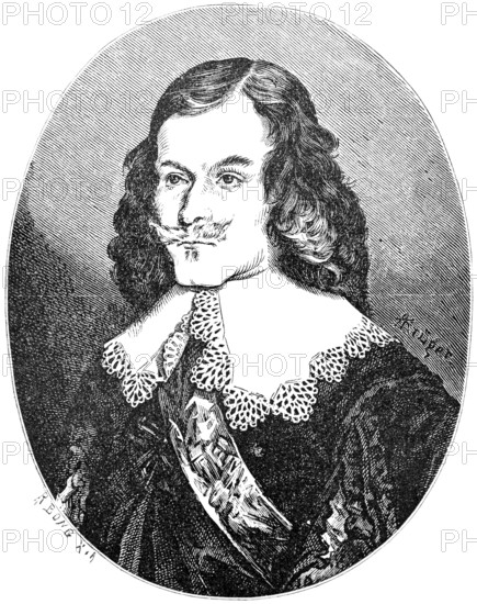 Andreas Hammerschmidt 1611-1675), composer of secular and sacred chorales and odes, accompaniment for viola di gamba and violin, active in Freiberg and Zittau, wide collar, sash, serious look, history of German music, historical illustration 1892