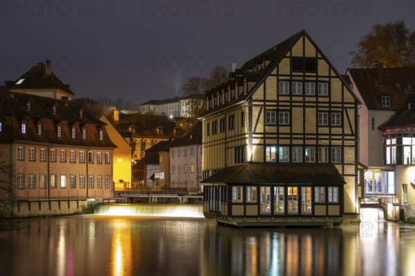 Building of the old town centre on the river Regnitz, Blue Hour, Bamberg, Upper Franconia, Bavaria, Germany, Europe