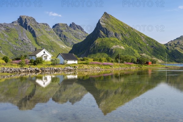 Houses with Volandstinden mountain reflected in the fjord, Lofoten, Norway, Europe