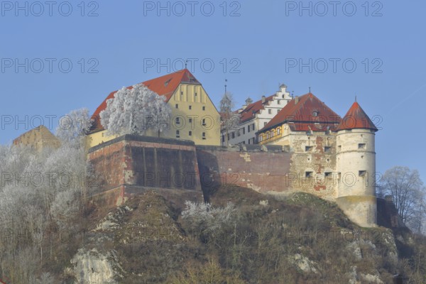 Medieval Hellenstein Castle in winter, hoarfrost, snow, frost, mountain, Heidenheim an der Brenz, Swabian Alb, Baden-Württemberg, Germany, Europe