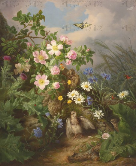 Still life with flowers and bird, butterfly, painting by Josef Lauer (1818, 1881), Austrian still life painter who was active in the Biedermeier period, among others